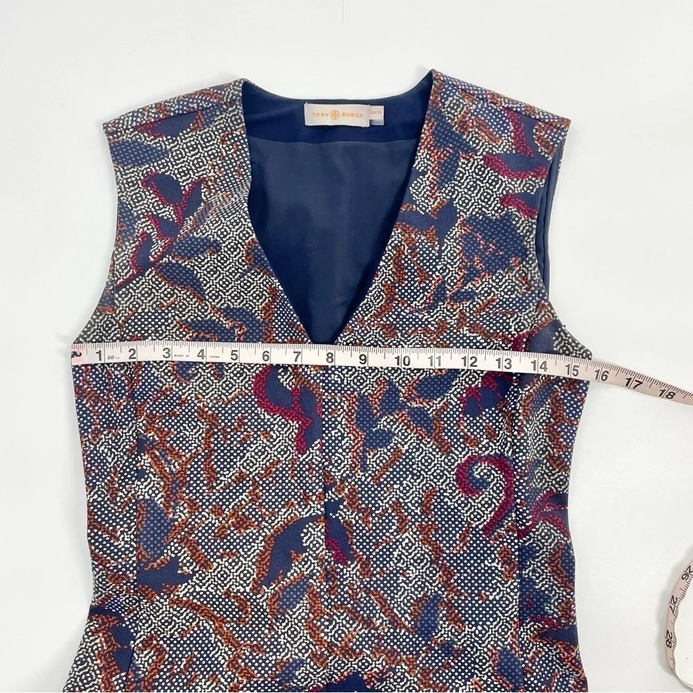 Tory‎ Burch Calico Pixelated Blue Neutral V-Neck Floral Fit n’ Flare Dress Sz XS